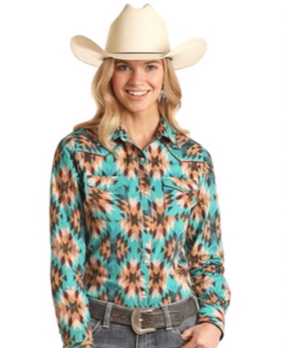 Rock & Roll Denim Long Sleeve Pearl Snap Western Shirt Turquoise Aztec Print